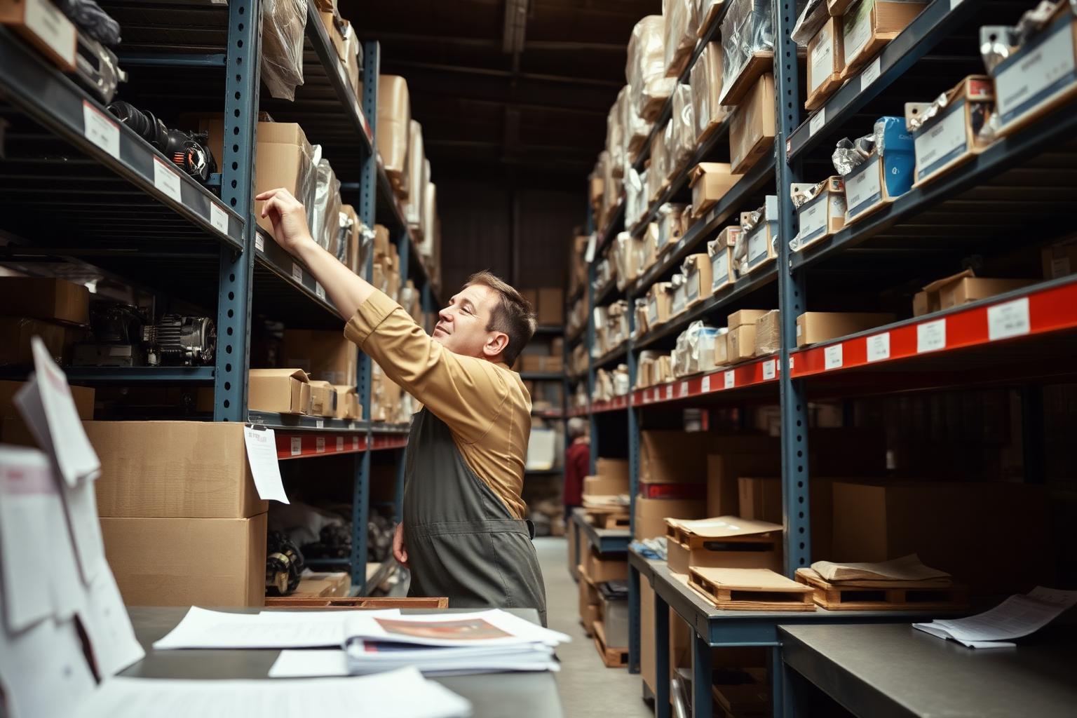 UK automotive parts and aftersales workshop with mechanics servicing a vehicle