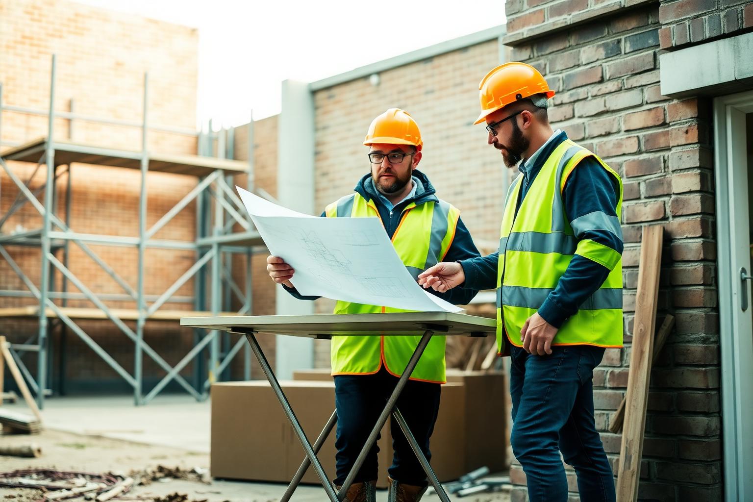 UK construction site with hard hats, scaffolding and contractors on the job