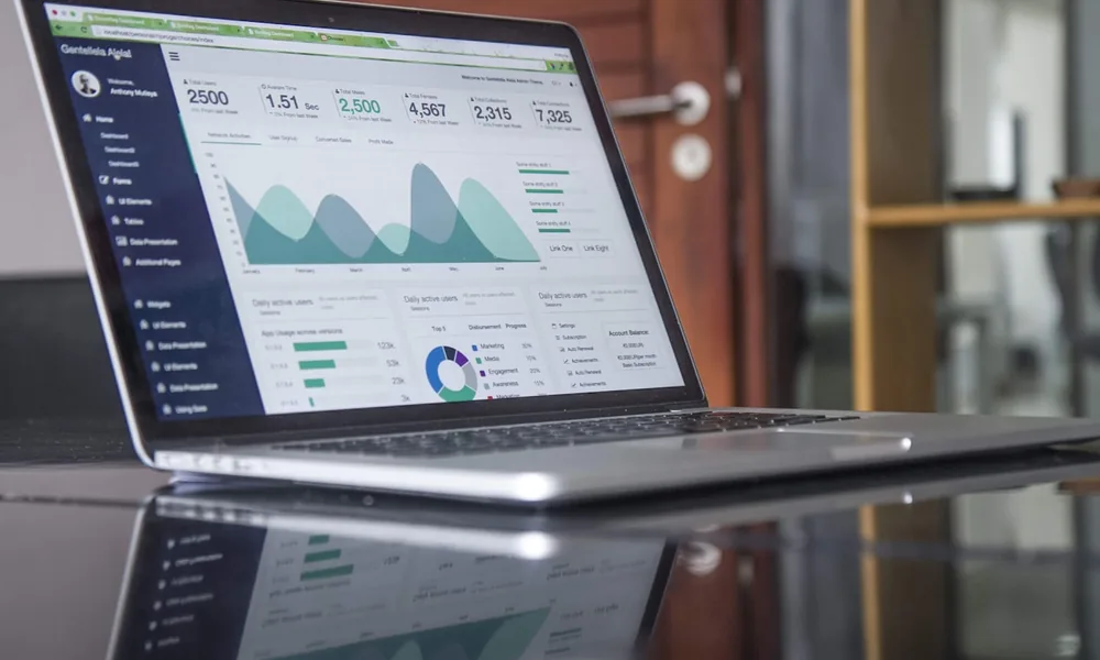 A laptop showing an analytics dashboard of a sales ledger and customer concentration