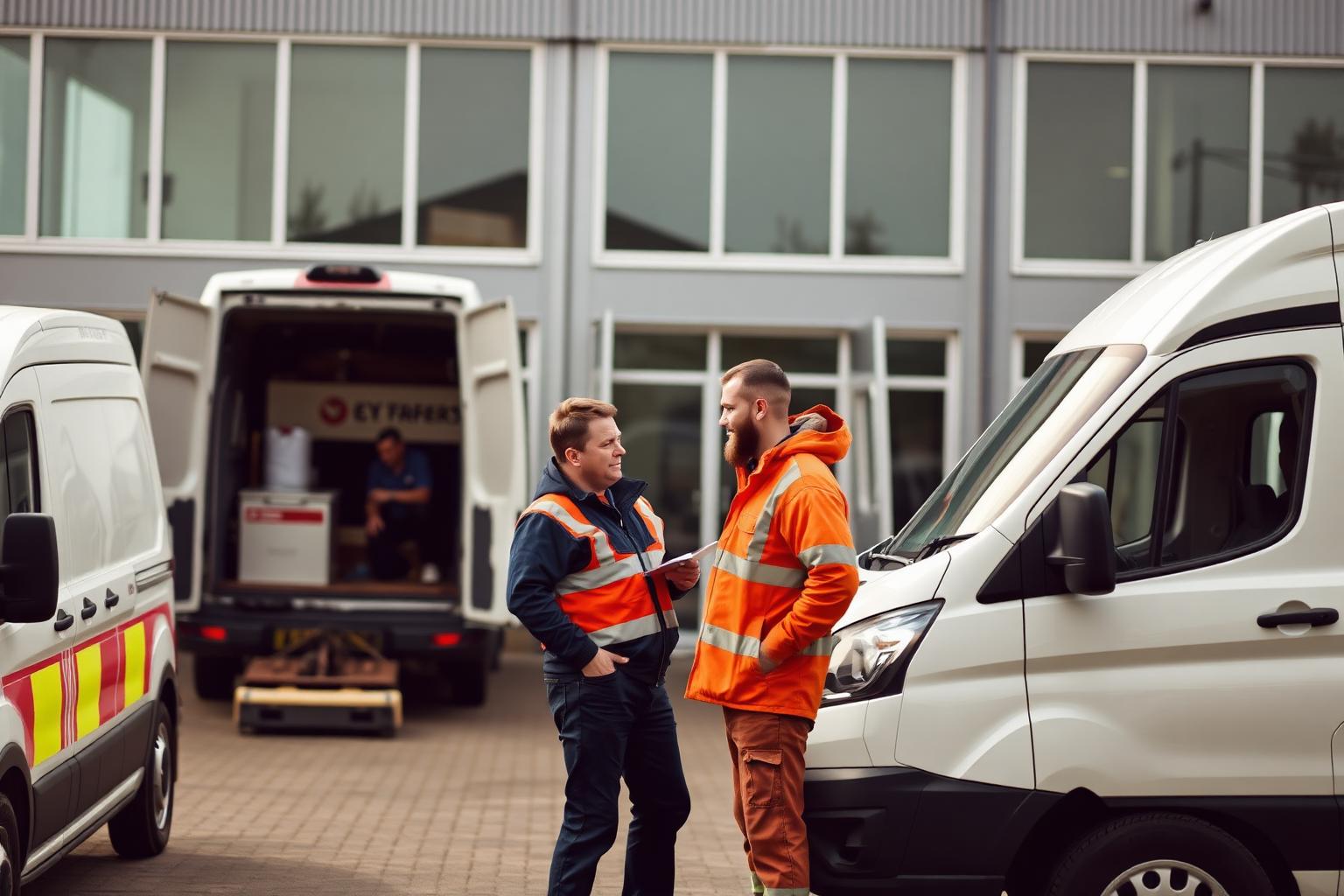 UK facilities services team in uniform carrying out cleaning and FM work in a commercial building