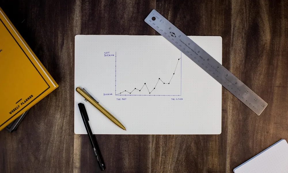 A notepad with a rising growth chart, pen and ruler, weighing up the true cost of finance
