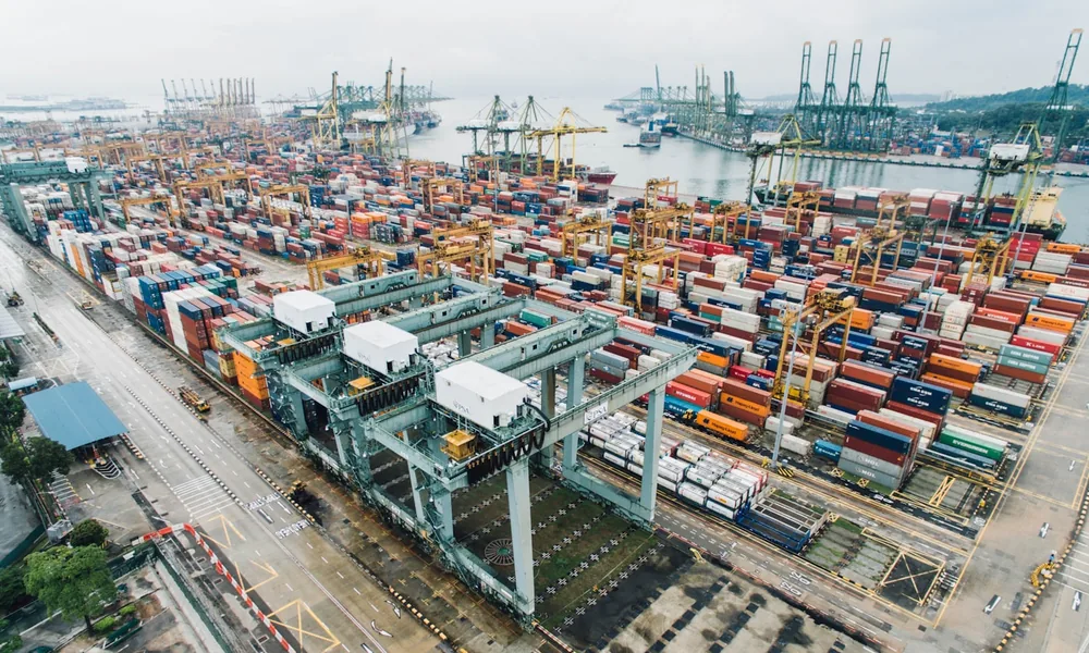 An aerial view of a container port, where trade finance and invoice finance meet